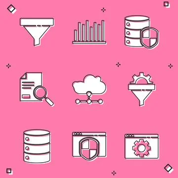 Set Sales funnel, Pie chart infographic, Server with shield, Document searc.. Illustrazione stock