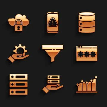 Set Sales funnel, Server, Data, Web Hosting, Pie chart infographic, Password Stock Illustration