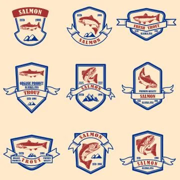 Set of salmon and trout emblems. Design element for logo, label, sign, poster Stock Illustration