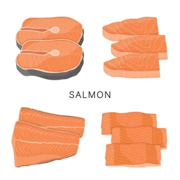 Set of Salmon, raw fish slice and meat steaks Vector Illustrazione stock