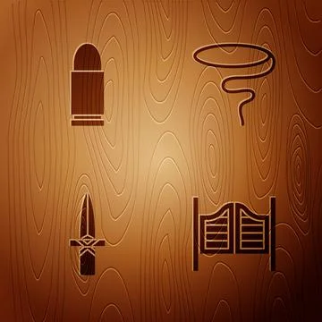 Set Saloon door, Bullet, Dagger and Lasso on wooden background. Vector Stock Illustration
