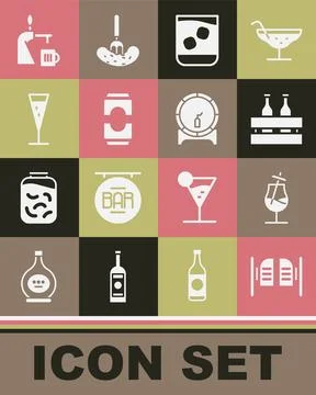 Set Saloon door, Cocktail, Pack of beer bottles, Glass whiskey, Beer can, c.. Stock Illustration