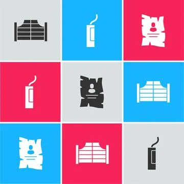 Set Saloon door, Dynamite bomb and Wanted western poster icon. Vector Stock Illustration