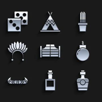 Set Saloon door, Tequila bottle, Bomb ready to explode, Kayak canoe and paddle Illustrazione stock