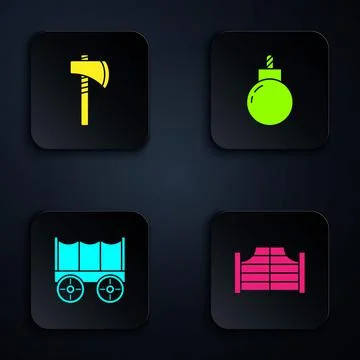 Set Saloon door, Tomahawk axe, Wild west covered wagon and Bomb ready to explode 스톡 일러스트