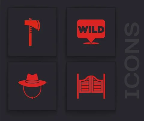 Set Saloon door, Tomahawk axe, Pointer to wild west and Western cowboy hat icon Illustrazione stock