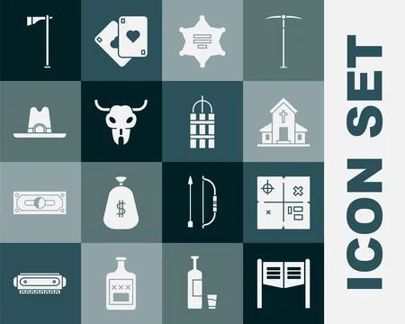 Set Saloon door, Treasure map, Church building, Hexagram sheriff, Buffalo skull Ilustración de archivo
