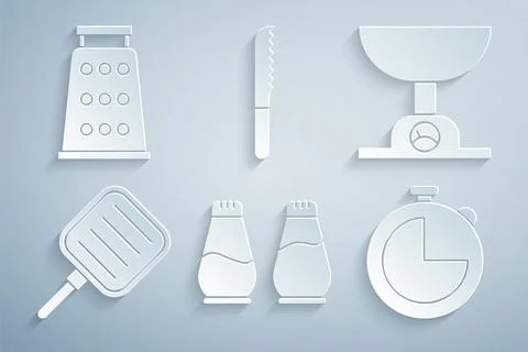 Set Salt and pepper, Electronic scales, Frying pan, Kitchen timer, Bread kn.. Stock Illustration