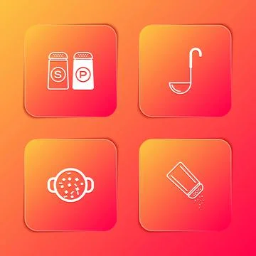 Set Salt and pepper, Kitchen ladle, Cooking soup in pot and icon. Vector Stock-Illustration