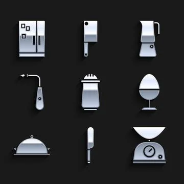 Set Salt and pepper, Knife, Scales, Chicken egg on stand, Covered with tray of Stock Illustration