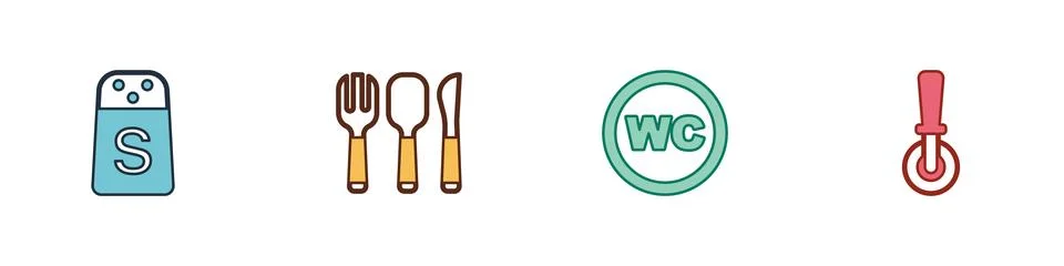 Set Salt, Fork, spoon and knife, Toilet and Pizza icon. Vector Stock Illustration