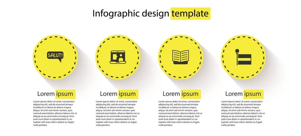 Set Salut in different languages, Foreign online study, Open book and Flag... Illustrazione stock