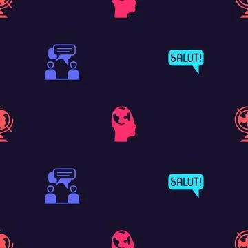 Set Salut in different languages, Two sitting men talking, Learning foreign and Stock Illustration