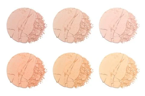 Set of sample of face powder in white. Beige round broken powder palette Stock Photos