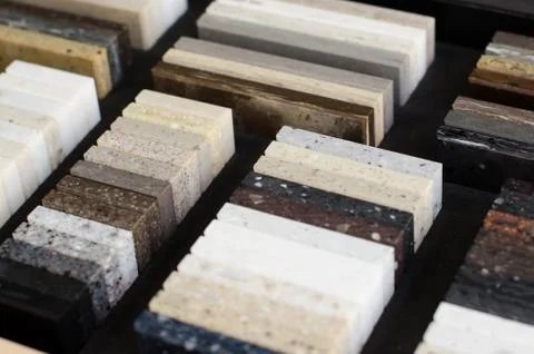 A set of samples of acrylic artificial stone for kitchen Stock Photos