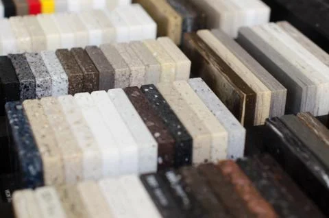 A set of samples of acrylic artificial stone for kitchen Stock Photos
