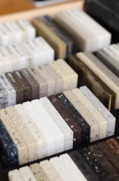 A set of samples of acrylic artificial stone for kitchen Stock Photos