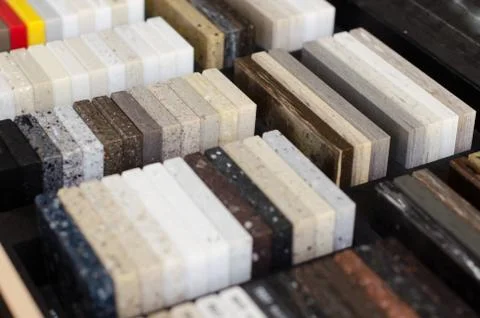A set of samples of acrylic artificial stone for kitchen Stock Photos