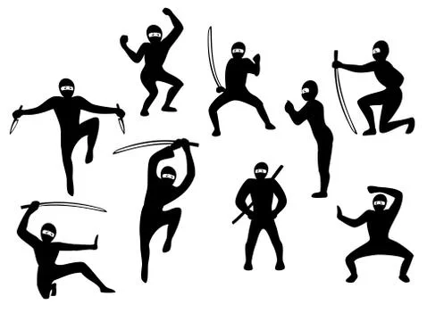 Set of samurai black and white siluet images in action. EPS10 vector Stock Illustration