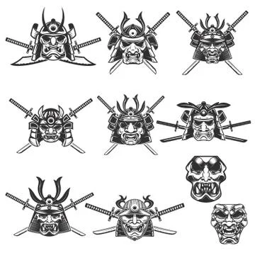 Set of samurai masks and helmets with swords on white background Illustrazione stock