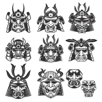 Set of samurai masks and helmets on white background. Design ele Stock Illustration