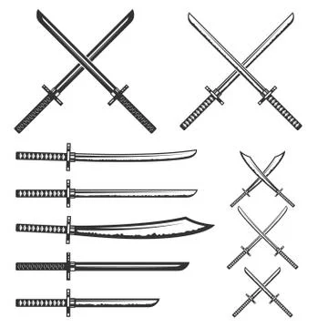 Set of samurai swords. Design element for logo, label, emblem, s Stock Illustration