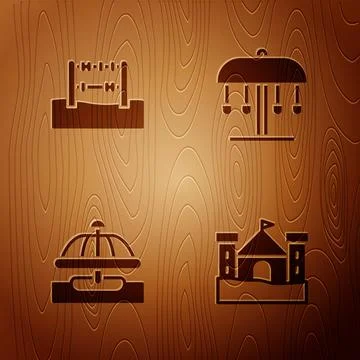 Set Sand castle, Abacus, Attraction carousel and on wooden background. Vector Illustrazione stock