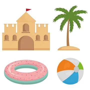 Set of sand castle, palm tree, swimming circle and inflatable ball for playin Stock Illustration
