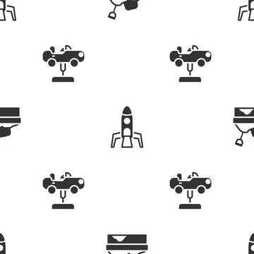 Set Sandbox with sand, Rocket ship and Swing car on seamless pattern. Vector Stock Illustration