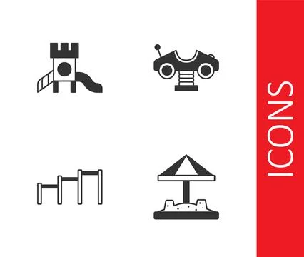 Set Sandbox with sand, Slide playground, Sport horizontal bar and Swing car i Ilustração Stock
