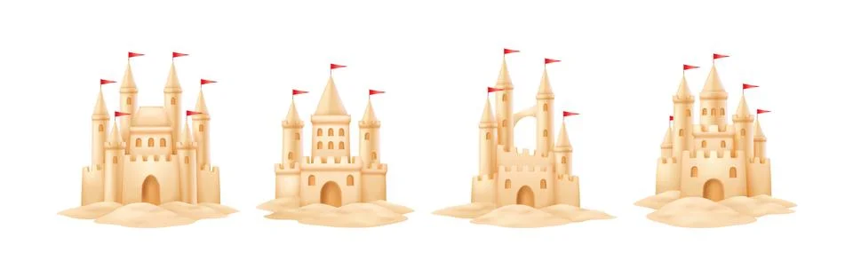 Set of Sandcastles with Red Flags in a Vector Style Stock Illustration