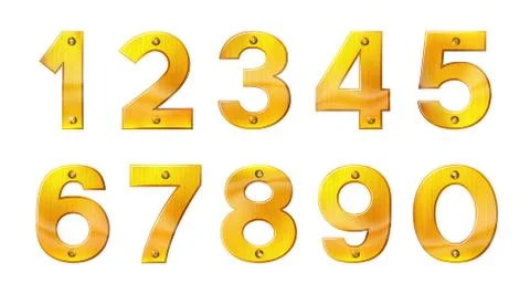 Set of sanded gold numbers. Realistic plates with rivets isolated Stock Illustration