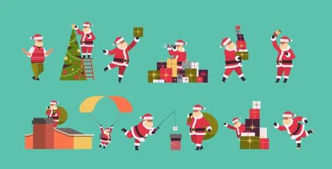 Set santa claus in different poses merry christmas happy new year holiday cel イラスト素材