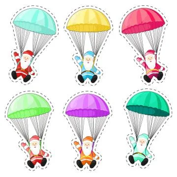 Set Santa Claus with a parachute. Vector illustration in cartoon style. Stock Illustration