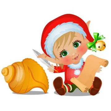 Set of Santas helper with seashell isolated on white background. Scroll of Stock Illustration