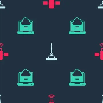 Set Satellite, Antenna and Network cloud connection on seamless pattern. Vect Stockillustratie