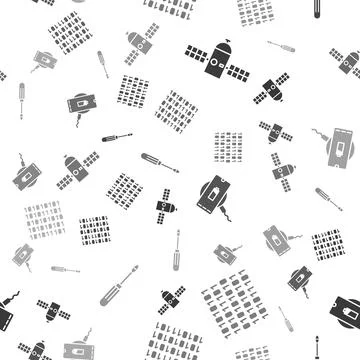 Set Satellite, Binary code, Wireless charger and Screwdriver on seamless pattern Stock Illustration