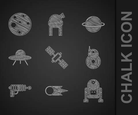 Set Satellite, Comet falling down fast, Robot, Ray gun, UFO flying spaceship Stock Illustration