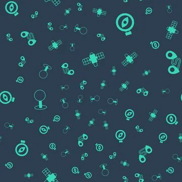 Set Satellite, Compass, Push pin and Route location on seamless pattern. Vector Stockillustratie