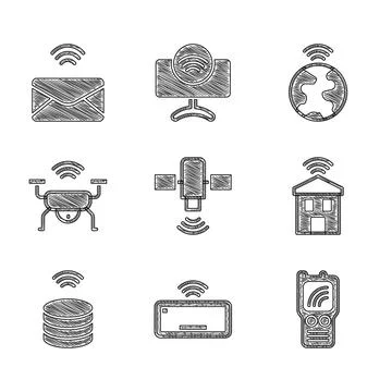 Set Satellite, Computer keyboard, Walkie talkie, Smart home with wi-fi, data Stock Illustration