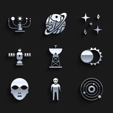 Set Satellite dish, Alien, Solar system, Eclipse of the sun, Falling stars and 스톡 일러스트