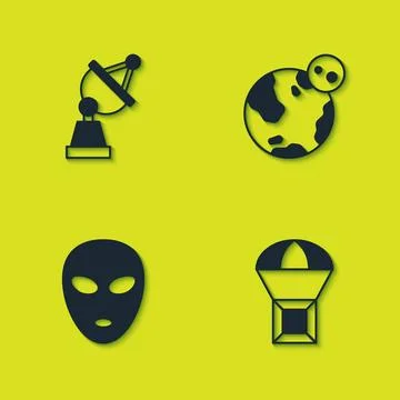 Set Satellite dish, Box flying on parachute, Alien and Earth globe icon. Vector Stock Illustration