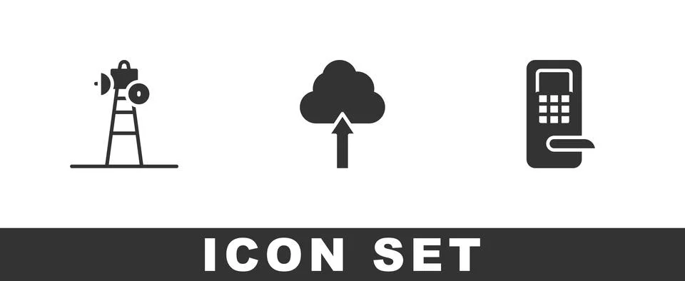Set Satellite dish, Cloud upload and Digital door lock icon. Vector Stock Illustration