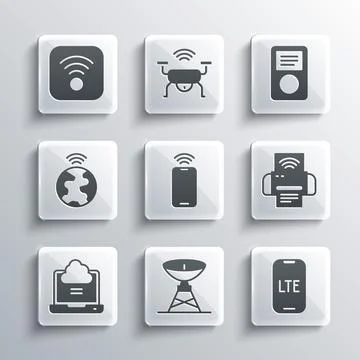 Set Satellite dish, LTE network, Smart printer system, Mobile with wi-fi 스톡 일러스트