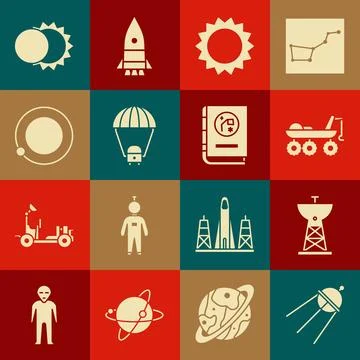 Set Satellite, dish, Mars rover, Sun, Space capsule and parachute, Satellit.. 스톡 일러스트
