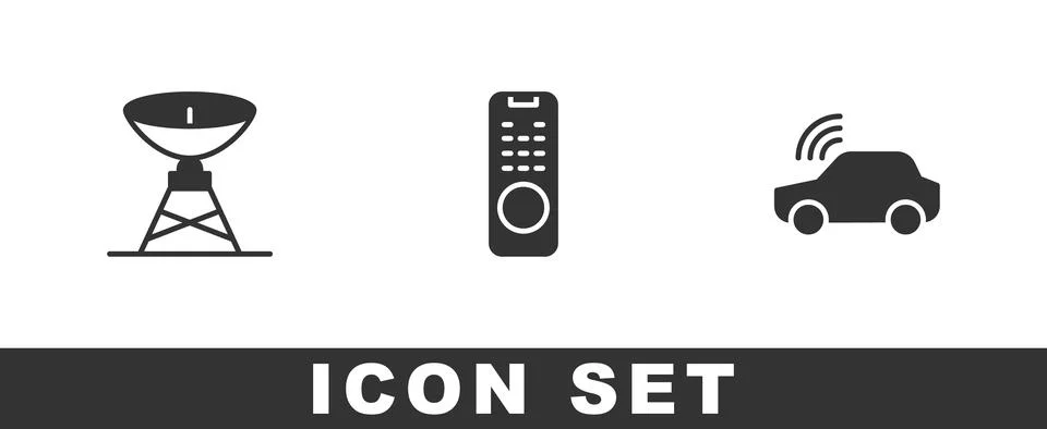 Set Satellite dish, Remote control and Smart car system icon. Vector Stock Illustration