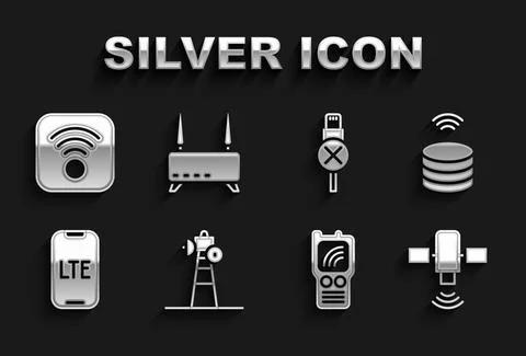 Set Satellite dish, Smart data server, Walkie talkie, LTE network, No usb cable Illustrazione stock