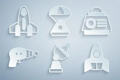 Set Satellite dish, Space capsule, Ray gun, Rocket ship,  and  icon. Vector Illustrazione stock