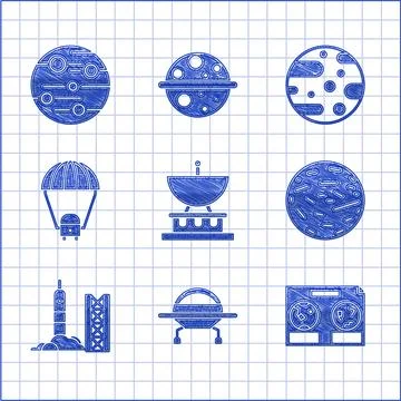 Set Satellite dish, UFO flying spaceship, Celestial map of the night sky, P.. 스톡 일러스트