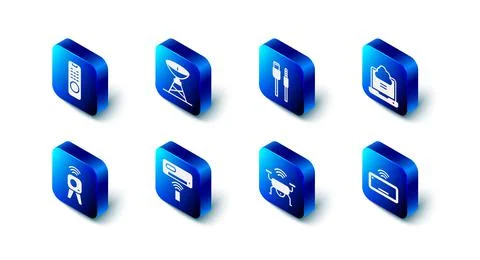 Set Satellite dish, USB cable cord, Network cloud connection, Computer keyboard Stock Illustration